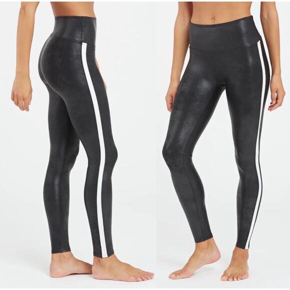 SPANX Women's Black Faux Leather Side Stripe Pull On Leggings‎ Size Large - Picture 3 of 12